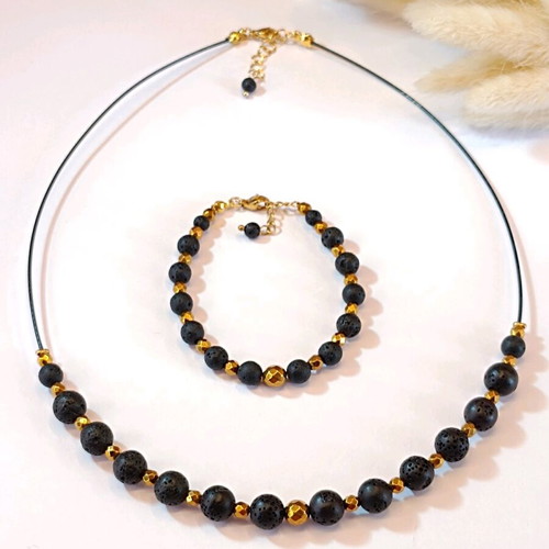 Handmade lava stone jewelry set new, black and gold
