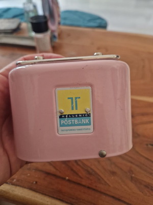 Vintage metal piggy bank TT Hellenic Postbank pink used