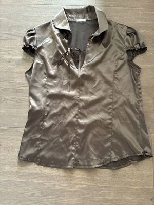 Satin short-sleeve blouse, grey green, size M