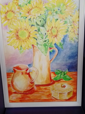 Hand-painted sunflower canvas painting with wooden frame