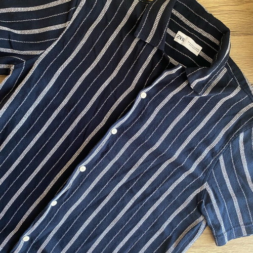 Zara men's blue striped short-sleeve shirt, medium
