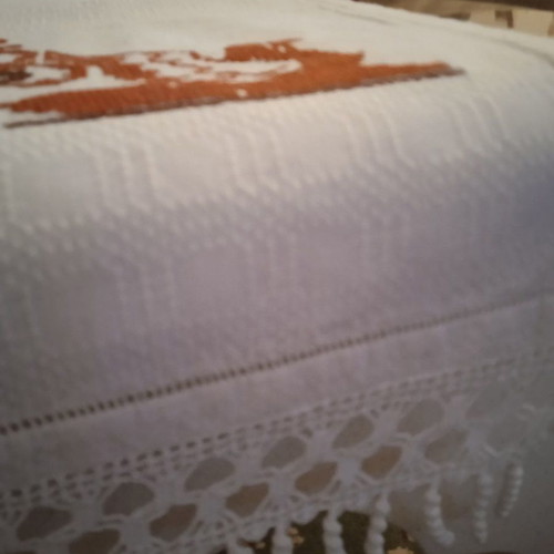 Handmade white embroidered table runner tzevres in terracotta-brown shades