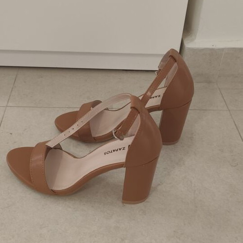 Women's camel ankle-strap sandals size 35 new, 8 cm heel
