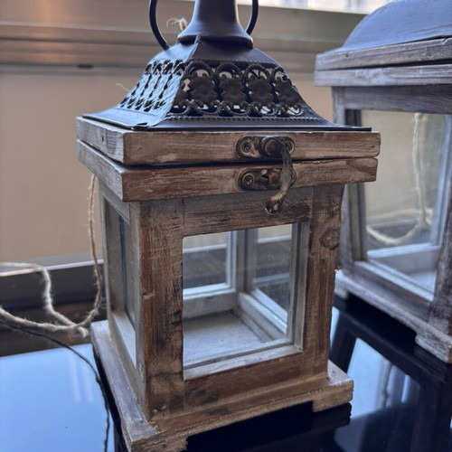 Decorative lanterns like new, set of two, wood and metal