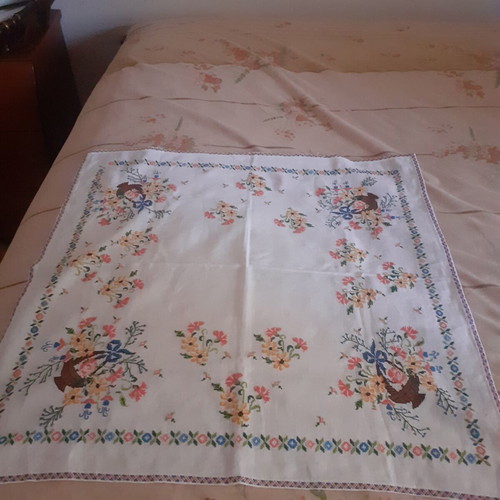 Hand-embroidered cross-stitch tablecloth, 63x58 cm