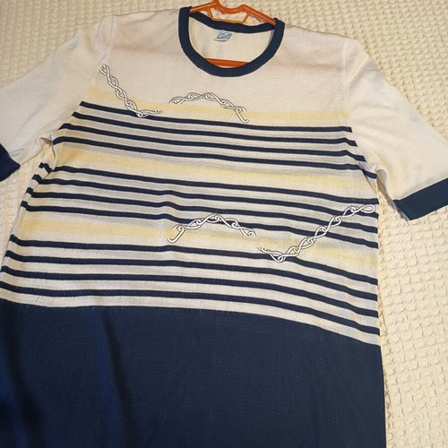 Striped knitted women's blouse short sleeve white and blue size 50 like new