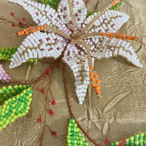 3D Beaded Artwork White Lily Handmade in IKEA Ribba Frame like new