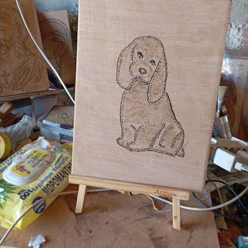 Handmade pyrography on wood, A4 size, dog design