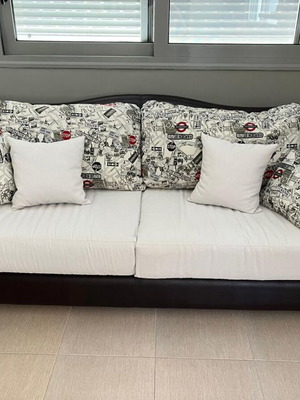 Brown leather 3-seat sofa like new with beige fabric and modern details