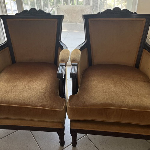 Vintage armchair set with mustard velour and carved dark wood frame