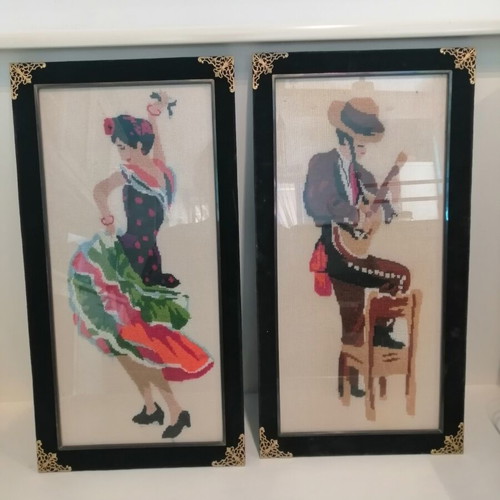 Vintage embroidered paintings of Spanish flamenco dancers like new