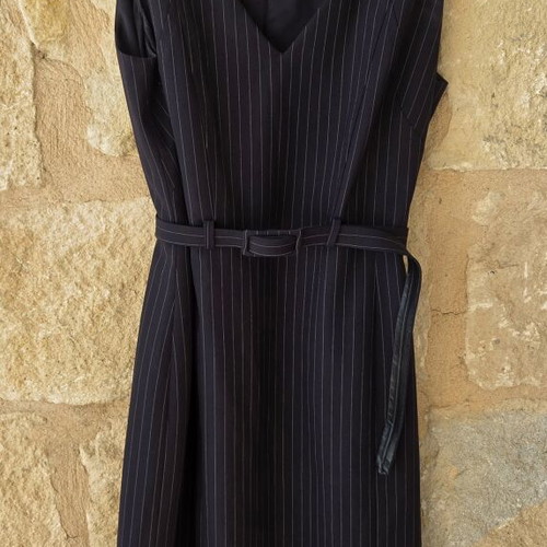 Caractere Pinstripe Belted Sleeveless V-Neck Dress new, deep navy blue