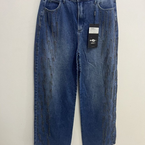 Colcci high-waisted blue denim jeans with chain and rhinestone details