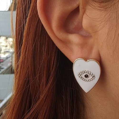 Heart stud earrings white with eye new