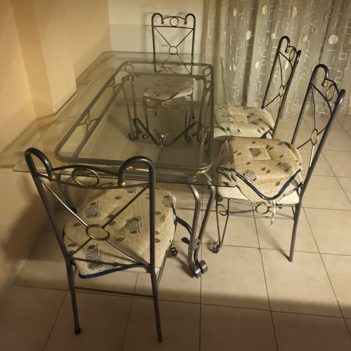 Garden dining set with 6 chairs used, glass top 150x90 cm