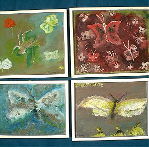 Τέσσερις αυθεντικοί πίνακες ζωγραφικής ελαιογραφίες νωπογραφίες πολύχρωμες πεταλούδες Lot 1/3.