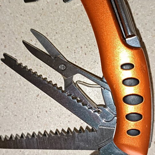 Swiss Army style multi-tool, orange, stainless steel