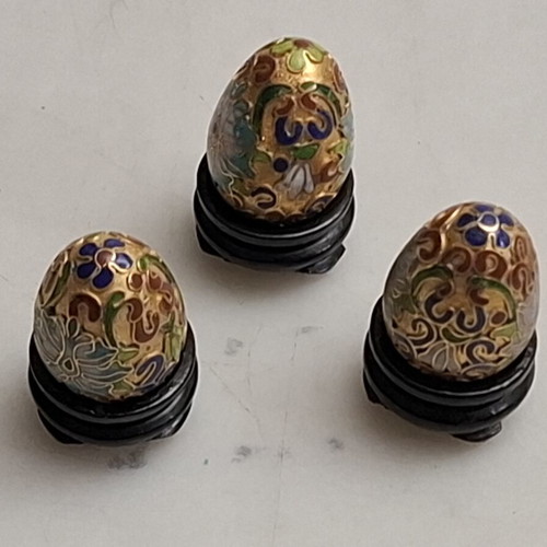 Vintage Cloisonné Egg Miniatures set like new on wooden bases