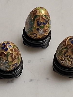 Vintage Cloisonné Egg Miniatures set like new on wooden bases