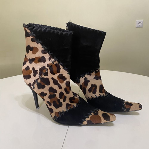 Casadei leopard ankle boots used, black and brown, 10cm heel
