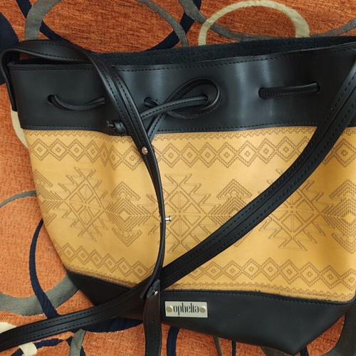 Ophelia handmade women's shoulder bucket bag, ethnic geometric design