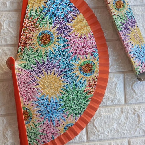 Set of 2 fans new, colorful and wooden with carving