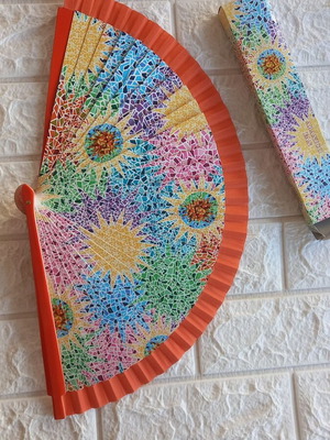 Set of 2 fans new, colorful and wooden with carving
