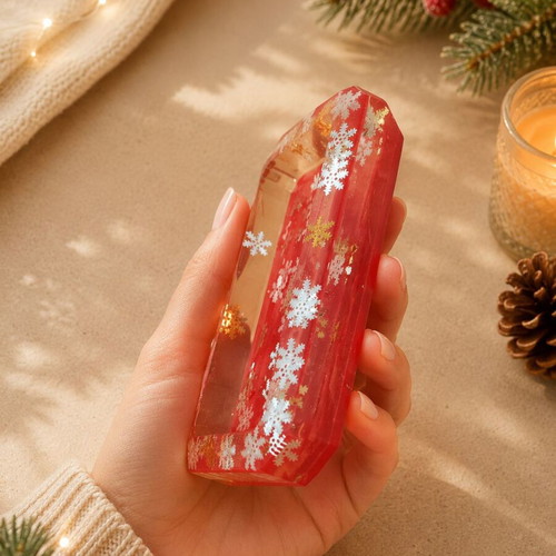 Handmade Resin Soap Dish Winter Magic deep red with iridescent snowflakes