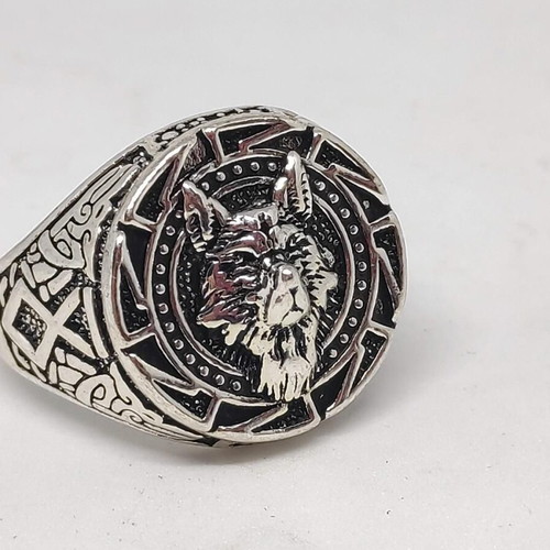 Men's Wolf Head Ring with Viking Symbols like new