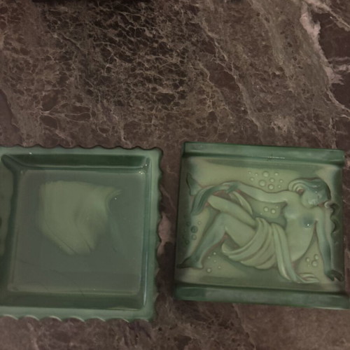 Art Deco Malachite Glass Jewelry Box with Embossed Water Nymph, Vintage