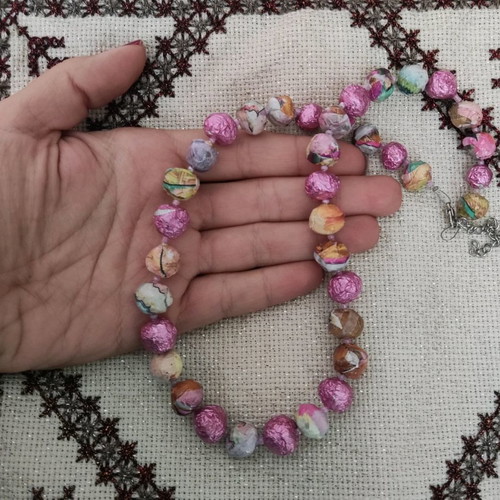 Pink pastel handmade papier-mâché necklace new
