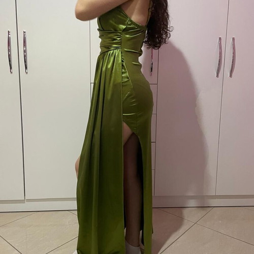 Satin dress green XS new with draped bust and slit
