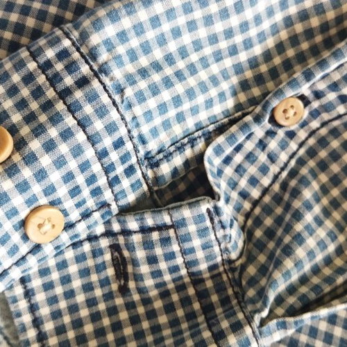 Livergy Cotton Shirt like new, blue beige plaid with denim details