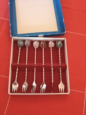 Mondial cocktail dessert forks set with semi-precious stones, vintage