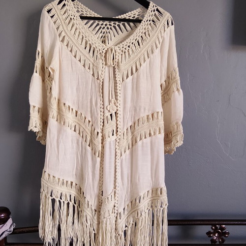 Boho kimono beach cover-up with crochet details, like new, beige