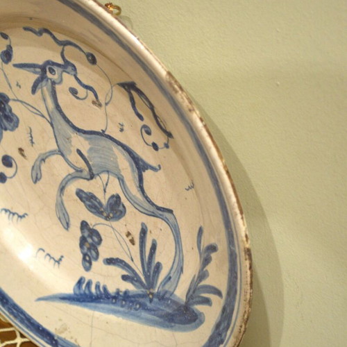 Antique Italian Hand-Painted Dish with Deer, Savona, Mid-19th Century Used