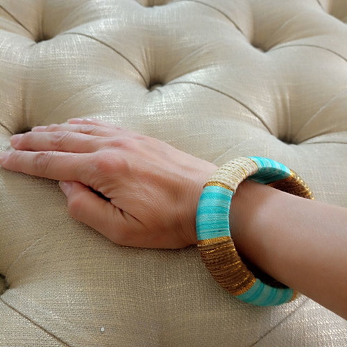 Boho chic thread-wrapped bangle like new, turquoise and gold