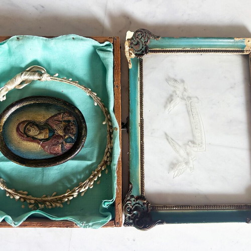 Antique Russian Orthodox Virgin Mary icon in handmade wedding frame, 1890s