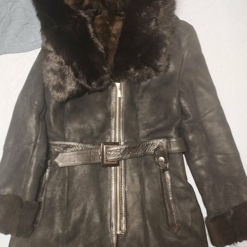 Long leather jacket Pegasus Leather &Fur with fur hood, new, size M, black
