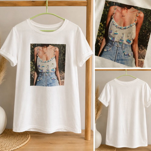 T-shirt with fashion print and shiny details, like new, size M