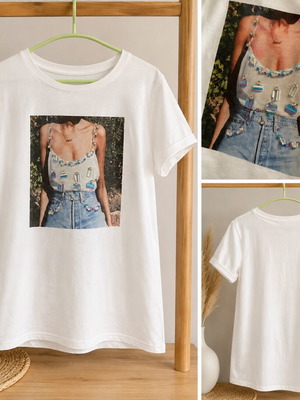 T-shirt with fashion print and shiny details, like new, size M