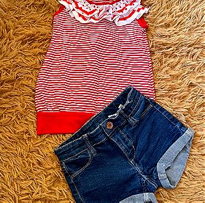 Σετ βρεφικό για κορίτσι 2-3 ετών  τζιν μπλε σορτς και τοπ μπλούζα ριγέ κόκκινη λευκή με φραμπαλα