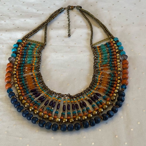 Ethnic necklace new, multicolored with metal and wooden elements
