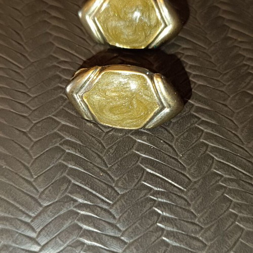Vintage clip earrings silver color with iridescent green stone, like new