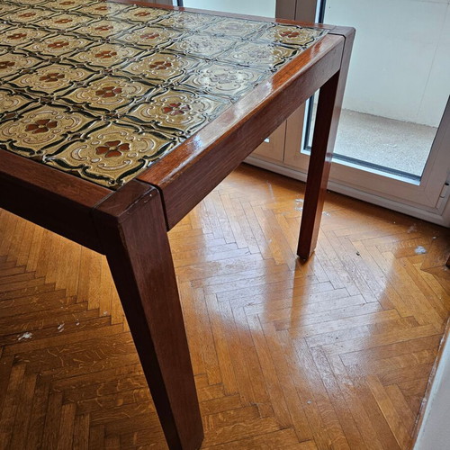 Luxury dining table like new, handmade mahogany with embossed enamel tiles