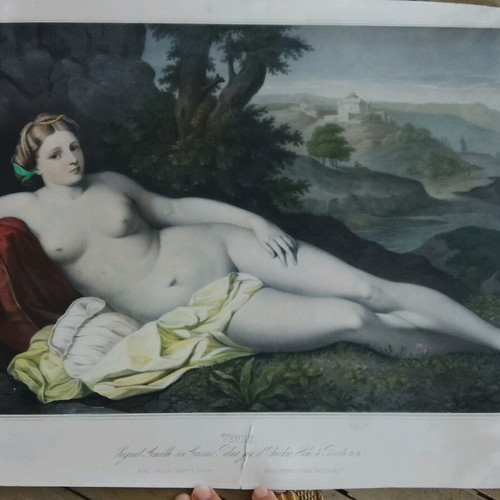 Chalcography The Resting Aphrodite 1850 hand-colored, used 60x43cm