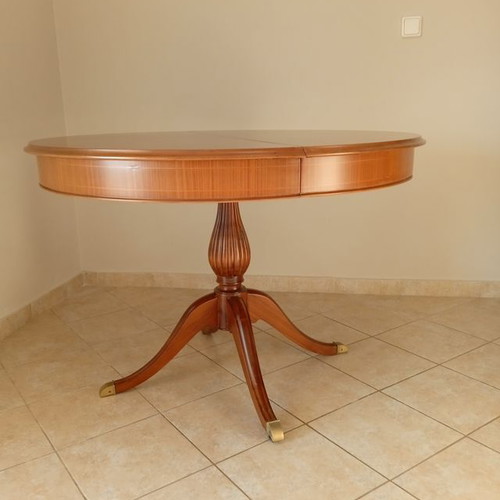 Marquetry round dining table 1950s, refurbished, extension, 110cm diameter
