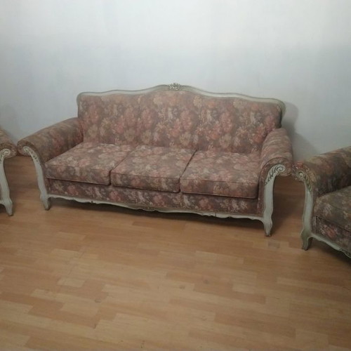 Sofa with two armchairs used, carved with Austrian gobelin upholstery