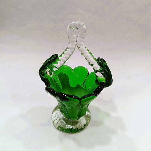 Vintage Miniature Art Glass Basket mint condition, emerald & white