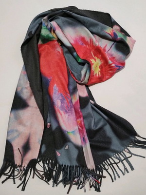Floral gray scarf new double-sided, 70% viscose 30% wool